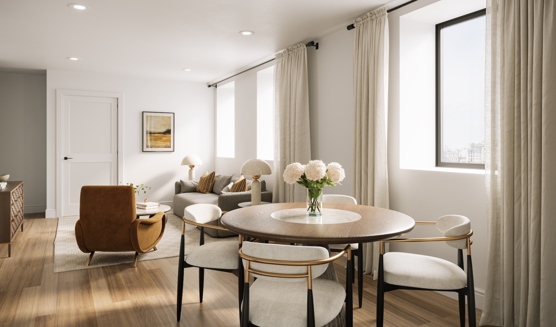 living area that includes ample seating spaces and bright lighting