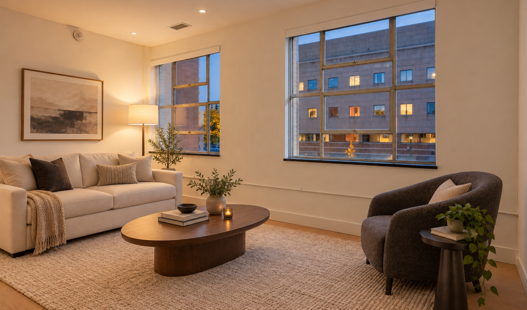 living area that includes ample seating spaces and bright lighting